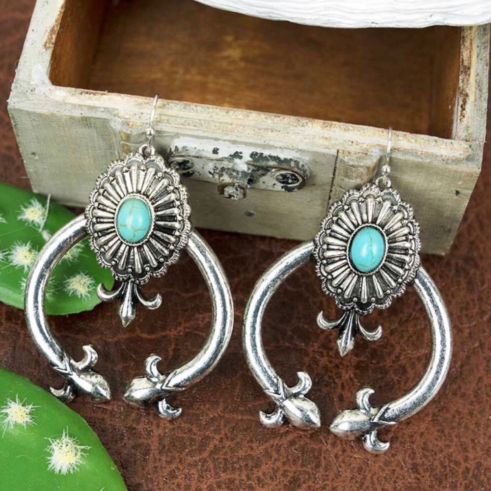 NEW Turquoise and Silvertone Kingman Arch Earrings